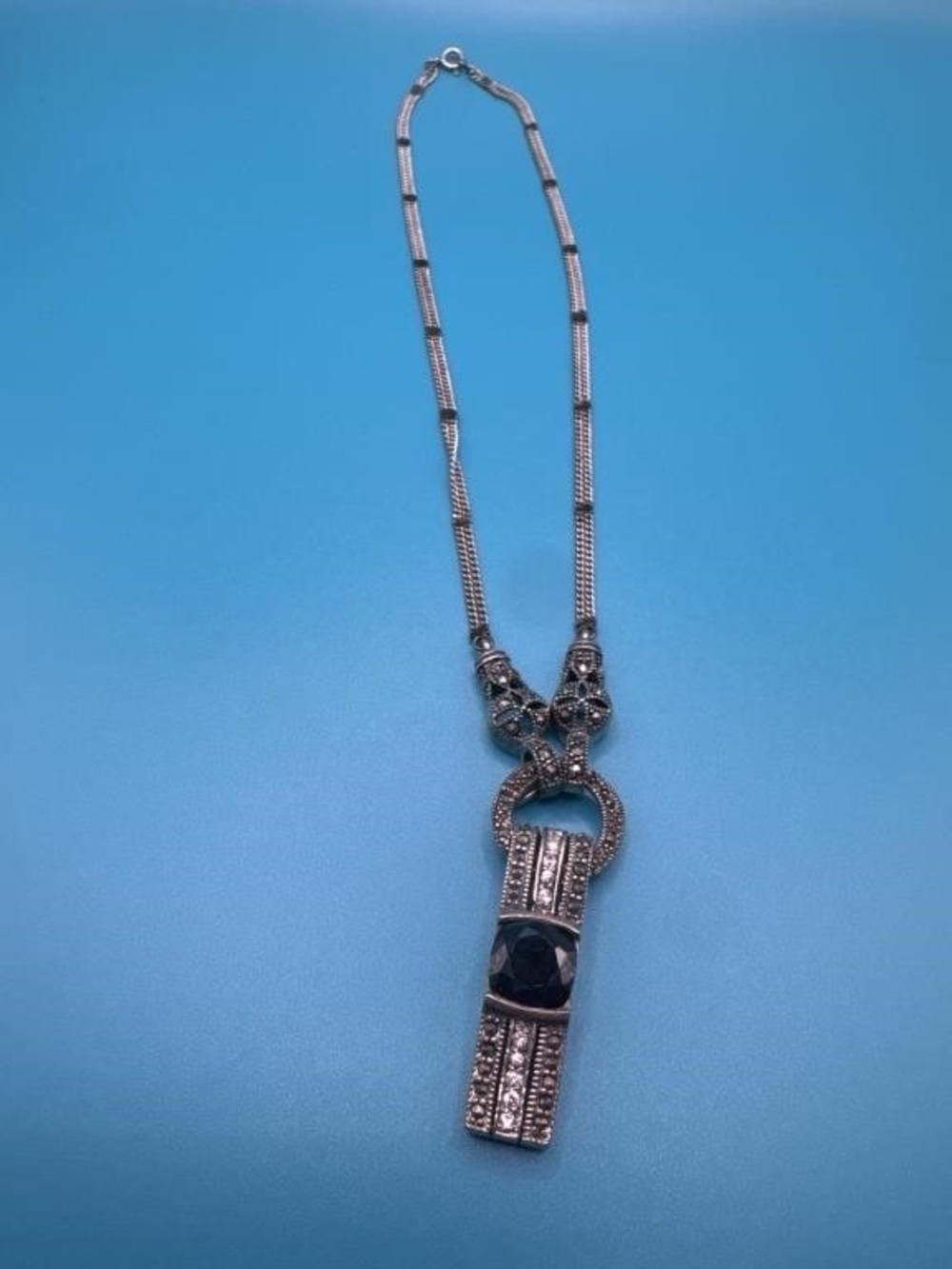 925 Sterling Marcasite Black Gemstone Convertible Pendant Necklace 16” 15.9g